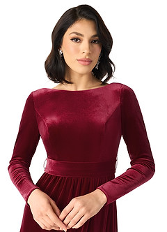 Azazie Brynn At-home Try On Dresses Burgundy A-Line Long Sleeve Velvet Dress image3