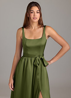 Azazie Elliott Bridesmaid Dresses Olive A-Line with Pockets Stretch Satin Dress image2