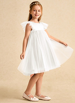 Azazie Munchkin Flower Girl Dresses Ivory Sunset A-Line Bow Tulle Dress image4
