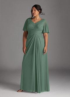 Azazie Emmeline Mother of the Bride Dresses Eucalyptus A-Line V-Neck Pleated Mesh Dress image7