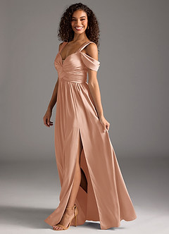 Azazie Lianne Bridesmaid Dresses Rose Gold A-Line Off the Shoulder Stretch Satin Dress image7