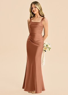 Azazie Agustina Junior Bronzer Sheath Pleated Stretch Satin Dress image1