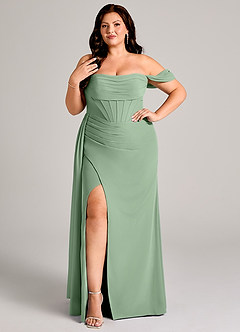 Azazie Amyra Bridesmaid Dresses Matcha Sheath Off the Shoulder Chiffon Convertible Dress image10
