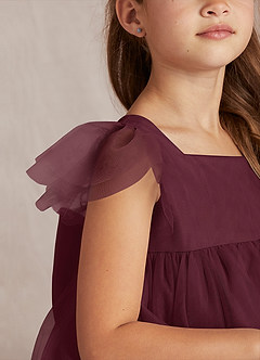 Azazie Kalio Flower Girl Dresses Cabernet A-Line with Sleeves Tulle Dress image3