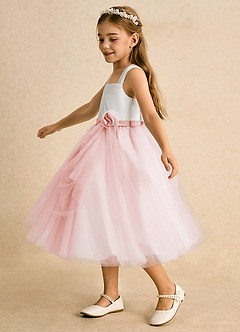 Azazie Bonny Flower Girl Dresses Ivory Blushing Pink Ball-Gown Pleated Tulle Dress image3