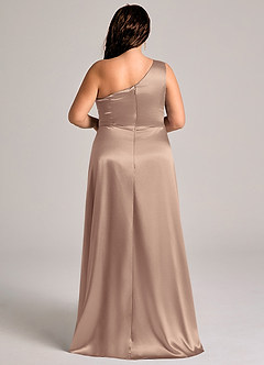 Azazie Brooke Bridesmaid Dresses Taupe A-Line One Shoulder Metallic Satin Dress image2