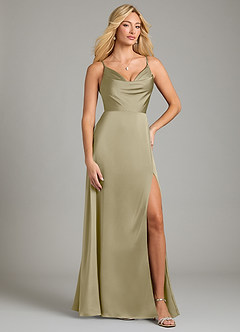 Azazie Sarella Bridesmaid Dresses Moss Green A-Line Pleated Stretch Satin Dress image1