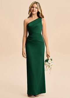 Azazie Akilah Junior Dark Green Sheath Pleated Stretch Satin Dress image1