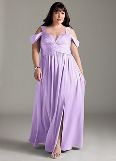 Azazie Lianne Bridesmaid Dresses Lilac A-Line Off the Shoulder Stretch Satin Dress image9