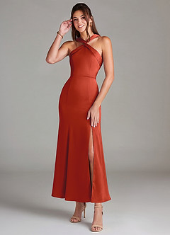 Azazie Rue 신부 들러리 드레스 인어 주름진 스트레치 새틴 발목 길이 드레스 image1