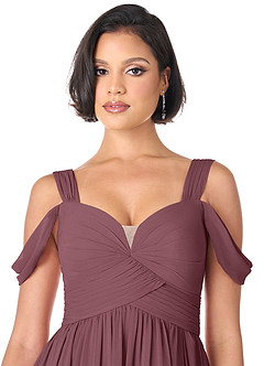 Azazie Lianne Bridesmaid Dresses Sangria A-Line Off the Shoulder Chiffon Dress image5