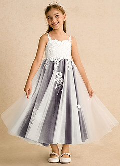 Azazie Coraline Flower Girl Dresses Ivory Plum A-Line Lace Dress image3