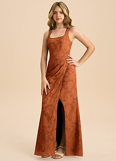 Azazie Mero Junior Robe Fourreau en Blumen-Burnout Plissée Orange Brûlée image5