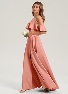 Azazie Jean Bridesmaid Dresses Coral A-Line Off the Shoulder Stretch Satin Dress image5