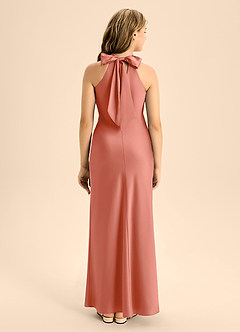 Azazie Doretta Junior Salmon Pink A-Line Pleated Stretch Satin Dress image2