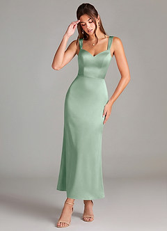 Azazie Denice Bridesmaid Dresses Agave Sheath Pleated Stretch Satin Dress image1