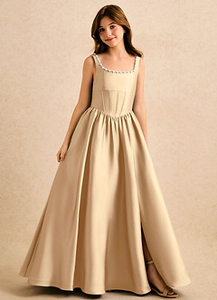 Azazie Enid Girls Formal Flower Girl Dresses Champagne A-Line Beaded Stretch Satin Dress image1