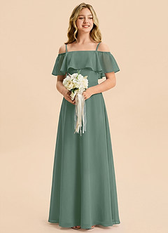 Azazie Maggie Junior Eucalyptus A-Line Off the Shoulder Chiffon Dress image4