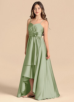 Azazie Catalina Junior Abito A-Line in Raso Elasticizzato Scollo a Cuore Verde Salvia image6