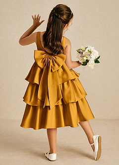Azazie Margery Flower Girl Dresses Butterscotch A-Line Bow Stretch Satin Dress image1