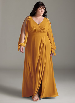 Azazie Matilda Abiti da Damigella Abito A-Line in Chiffon Manica Lunga Caramello image14