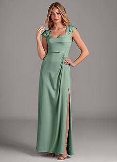 Azazie Laila At-home Try On Dresses Dusty Blue A-Line Pleated Stretch Satin Dress image3