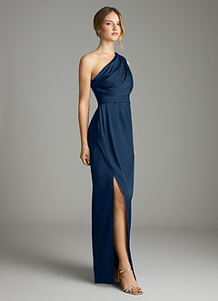 Azazie Emorie Final Sale Dark Navy Sheath One Shoulder Stretch Satin Dress image4