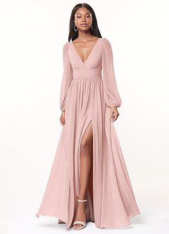 Azazie Norah Brautjungfernkleider A-Linie Lange Ärmel mit V-Ausschnitt Chiffon Kleid Puderrosa image1