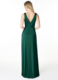 Azazie Nelly Bridesmaid Dresses Emerald A-Line V-Neck Pleated Stretch Satin Dress image2