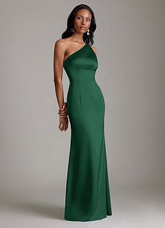 Azazie Voni Robes de demoiselle d'honneur Robe Sirène en Satin extensible Une épaule Vert Foncé image1