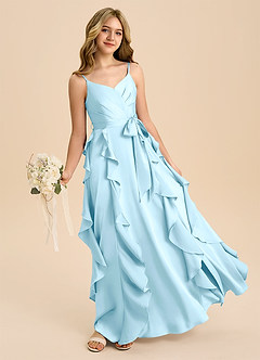 Azazie Peyton Junior Robe Trapèze en Satin extensible Plissée Bleu Ciel image1