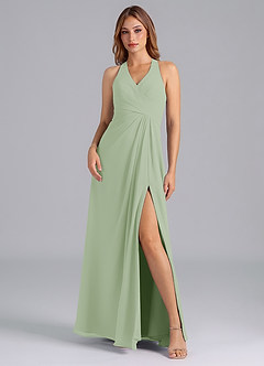 Azazie Dorota Abiti da Damigella Abito A-Line in Chiffon Plissettato Verde Salvia image3