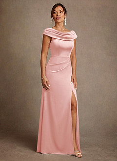 Azazie Irvine Mother of the Bride Dresses Powder Pink A-Line Pleated Stretch Satin Dress image4