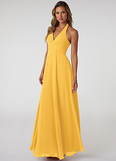 Azazie Tessie Bridesmaid Dresses Marigold A-Line V-Neck Pleated Chiffon Dress image3