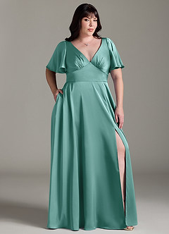 Azazie Kimber Bridesmaid Dresses Aqua A-Line Ruched Stretch Satin Dress image9