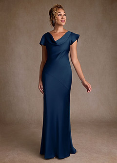 Azazie Shelby Mother of the Bride Dresses Dark Navy Mermaid Pleated Stretch Satin Dress image3