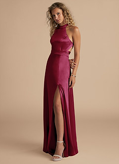 Azazie Clarice Bridesmaid Dresses Burgundy A-Line High Neck Metallic Satin Dress image5