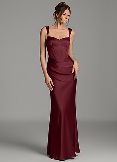 Azazie Mela At-home Try On Dresses Dusty Rose Sheath Corset Stretch Satin Dress image3