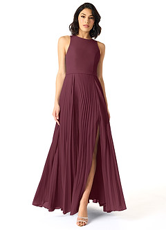 Azazie Lindie Brautjungfernkleider A-Linie Schaufel Gefaltet Chiffon Kleid Cabernetrot image1