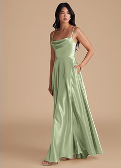 Azazie Elle Bridesmaid Dresses Dusty Sage A-Line with Pockets Metallic Satin Dress image6
