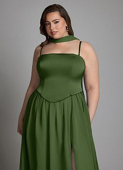 Azazie Cadence Bridesmaid Dresses Olive A-Line Corset Stretch Satin Convertible Dress image17