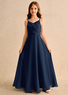 Azazie Umina Girls Formal Flower Girl Dresses Dark Navy A-Line Pleated Matte Satin Dress image4