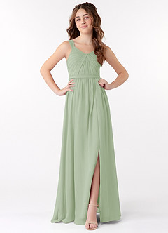 Azazie Evie Junior Abito A-Line in Chiffon Plissettato Verde Salvia image1