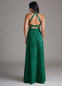 Azazie Clarice Bridesmaid Dresses Emerald A-Line Side Slit Floral Burnout Dress image2
