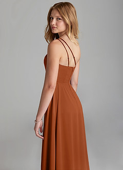 Azazie Maron Junior Vestido Cobre de Cetim elástico de Linha A com Plissado image2