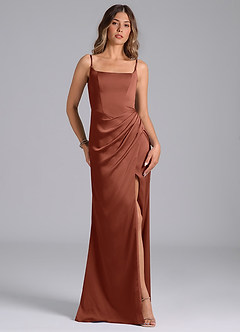 Azazie Donielle Vestidos de madrinha de casamento Vestido Castanho Aloirado de Cetim elástico de sereia com Espartilho image4