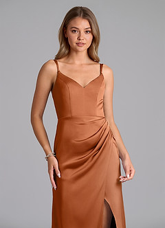 Azazie Leo Final Sale Copper Sheath Pleated Stretch Satin Dress image3