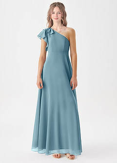 Azazie Arabella Junior Robe Trapèze en Mousseline de soie Rayé Bleu Maussade image3