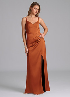 Azazie Leo Bridesmaid Dresses Cinnamon Sheath Pleated Stretch Satin Dress image5