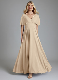 Azazie Pamela Vestidos de damas de honor Vestido de Champán de Gasa de Corte en A con Cuello en V plisado image1